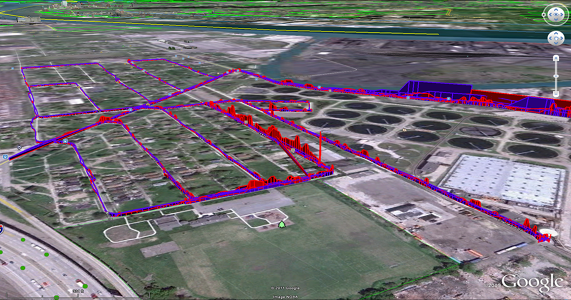 An image showing satellite imagery and air pollution monitoring visualized in 3D.