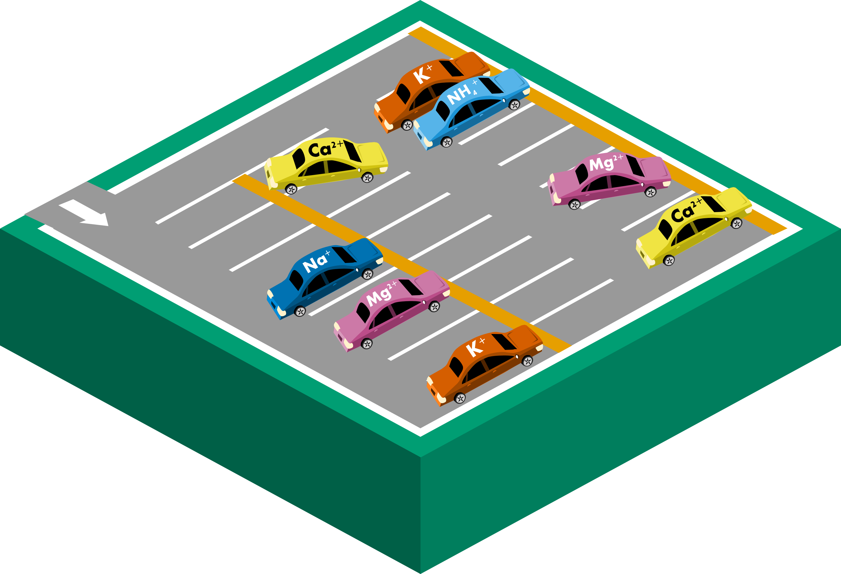 Infographic illustrating soil chemistry represented by a parking lot